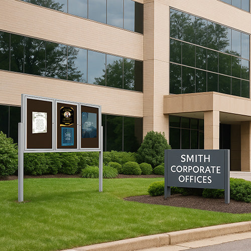 Freestanding 3 Door Outdoor Enclosed Bulletin Board 96x36 with Posts