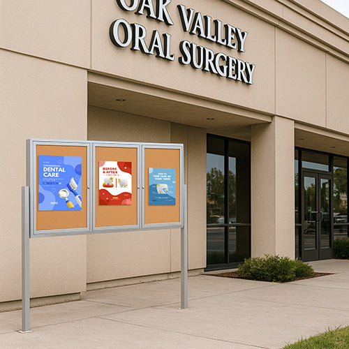 Freestanding 3 Door Outdoor Bulletin Board 96x48 with Posts | All Weather Metal Display Case