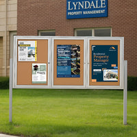 Freestanding 3 Door Outdoor Enclosed Bulletin Board 72x48 with Posts