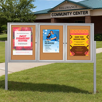 Freestanding 3 Door Outdoor Enclosed Bulletin Board 84x30 with Posts
