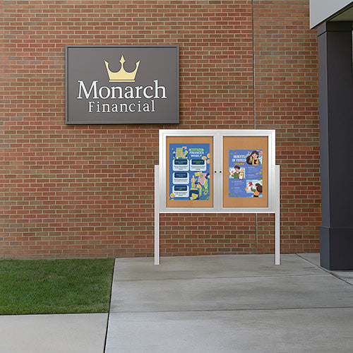 Freestanding 2 Door Outdoor Enclosed Bulletin Board 60x40 with Posts