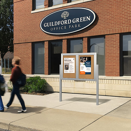 Freestanding 2 Door Outdoor Enclosed Bulletin Board 60x30 with Posts