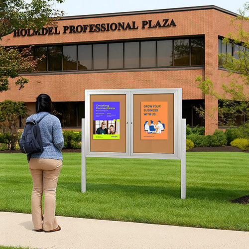 Freestanding 2 Door Outdoor Enclosed Bulletin Board 96x36 with Posts
