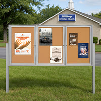 Freestanding 3 Door Outdoor Enclosed Bulletin Board 84x24 with Posts