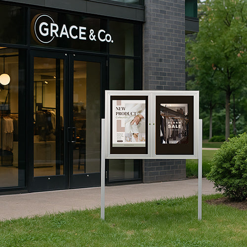 Freestanding 2 Door Outdoor Enclosed Bulletin Board 48x48 with Posts