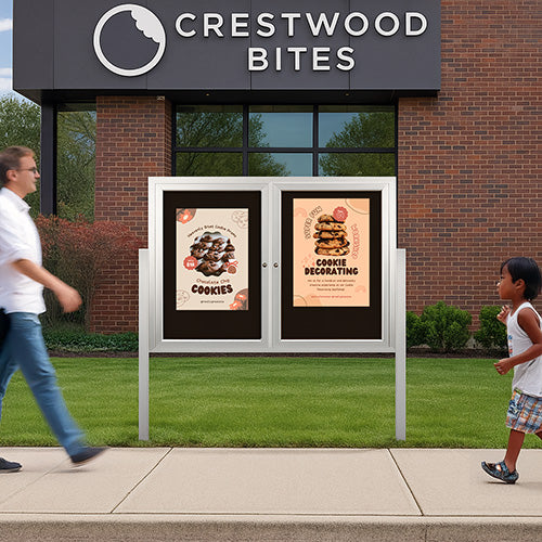 Freestanding 2 Door Outdoor Enclosed Bulletin Board 84x48 with Posts