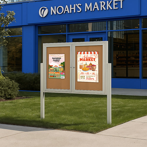 Freestanding 2 Door Outdoor Enclosed Bulletin Board 96x30 with Posts