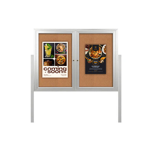 Freestanding 2 Door Outdoor Enclosed Bulletin Board 72x48 with Posts