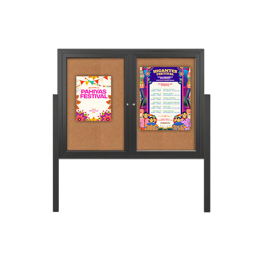Freestanding 2 Door Outdoor Enclosed Bulletin Board 48x48 with Posts