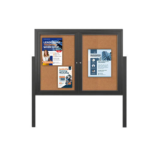 Freestanding 2 Door Outdoor Enclosed Bulletin Board 84x48 with Posts
