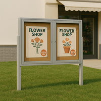 Freestanding 2 Door Enclosed Outdoor Bulletin Boards 60" x 30" with Lights + Posts