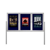 Freestanding 3 Door Outdoor Enclosed Bulletin Board 96x30 with Posts