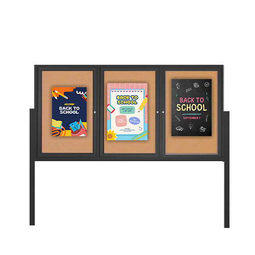 Freestanding 3 Door Outdoor Enclosed Bulletin Board 84x30 with Posts