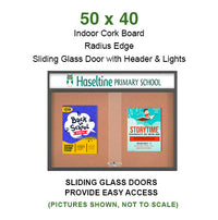 50 x 40 Indoor Bulletin Cork Boards with Personalized Header & Lights (RADIUS EDGE) (2 Sliding Glass Doors)