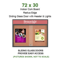 72 x 30 Indoor Bulletin Cork Boards with Personalized Header & Lights (RADIUS EDGE) (2 Sliding Glass Doors)