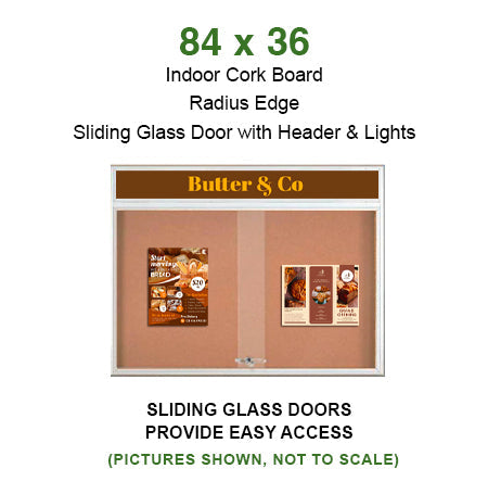 84 x 36 Indoor Bulletin Cork Boards with Personalized Header & Lights (RADIUS EDGE) (3 Sliding Glass Doors)