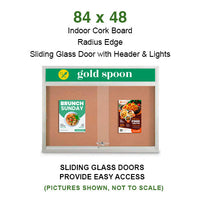 84 x 48 Indoor Bulletin Cork Boards with Personalized Header & Lights (RADIUS EDGE) (3 Sliding Glass Doors)