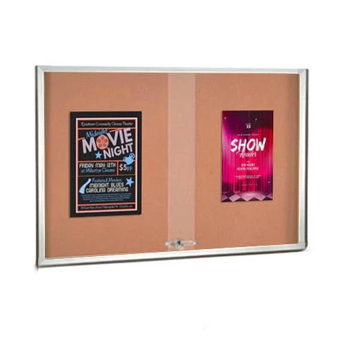 Indoor Enclosed Cork Bulletin Board 84 x 36 with Two Sliding Glass Doors with Metal Wall Cabinet in 4 Finishes