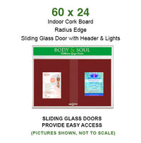 Indoor Bulletin Cork Boards 60" x 24" with Personalized Message Header (2 Sliding Glass Doors)