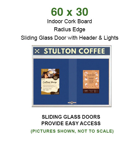 Indoor Bulletin Cork Boards 96" x 30" with Personalized Message Header (3 Sliding Glass Doors)