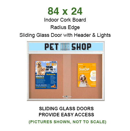 Indoor Bulletin Cork Boards 84" x 24" with Personalized Message Header (3 Sliding Glass Doors)