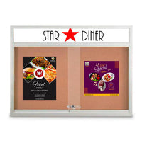 Indoor Bulletin Cork Boards 84" x 24" with Personalized Message Header (3 Sliding Glass Doors)