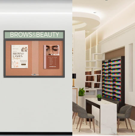 Indoor Bulletin Cork Boards 84" x 24" with Personalized Message Header (3 Sliding Glass Doors)