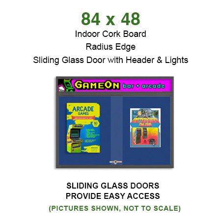 Indoor Bulletin Cork Boards 84" x 48" with Personalized Message Header (3 Sliding Glass Doors)