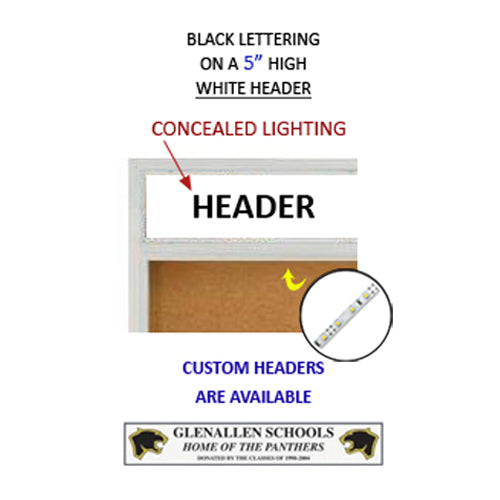 Indoor 84 x 36 Bulletin Cork Boards with Personalized Header & Lights (3 Sliding Glass Doors)