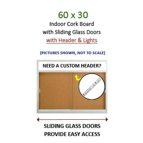 Indoor 60 x 30 Bulletin Cork Boards with Personalized Header & Lights (2 Sliding Glass Doors)