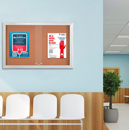 Indoor Enclosed Bulletin Cork Boards 50 x 40 with Sliding Glass Doors (with RADIUS EDGE)
