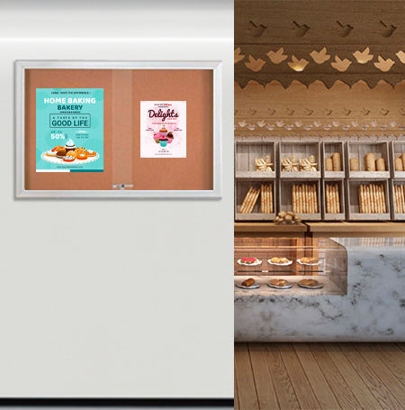 Indoor Enclosed Bulletin Cork Boards 60 x 36 with Sliding Glass Doors + Radius Edge Metal Cabinet Corners