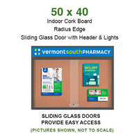 Indoor Bulletin Cork Boards 50x40 with Personalized Header (RADIUS EDGE) (Sliding Glass Doors)