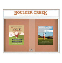 60 x 36 Indoor Bulletin Cork Boards with Personalized Header & Lights (RADIUS EDGE) (2 Sliding Glass Doors)