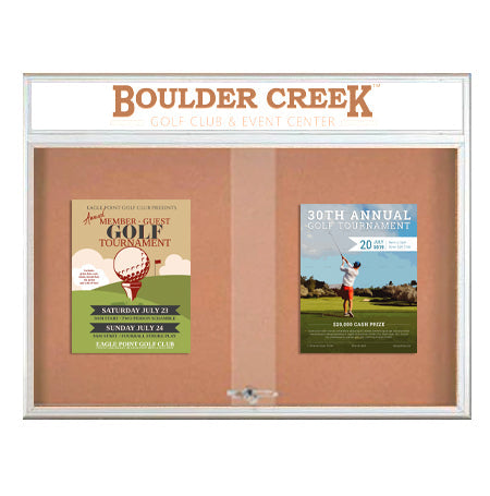 60 x 36 Indoor Bulletin Cork Boards with Personalized Header & Lights (RADIUS EDGE) (2 Sliding Glass Doors)