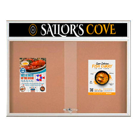 60 x 40 Indoor Bulletin Cork Boards with Personalized Header & Lights (RADIUS EDGE) (2 Sliding Glass Doors)