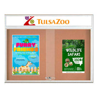 84 x 36 Indoor Bulletin Cork Boards with Personalized Header & Lights (RADIUS EDGE) (3 Sliding Glass Doors)