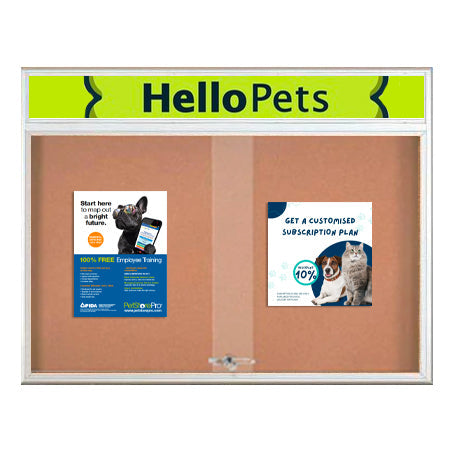 96 x 30 Indoor Bulletin Cork Boards with Personalized Header & Lights (RADIUS EDGE) (3 Sliding Glass Doors)