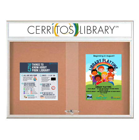 96 x 36 Indoor Bulletin Cork Boards with Personalized Header & Lights (RADIUS EDGE) (3 Sliding Glass Doors)