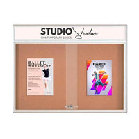96 x 48 Indoor Bulletin Cork Boards with Personalized Header & Lights (RADIUS EDGE) (3 Sliding Glass Doors)