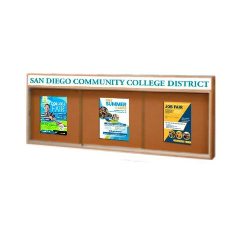 84 x 36 Indoor Enclosed Wood Bulletin Boards with Sliding Glass Doors and Message Header