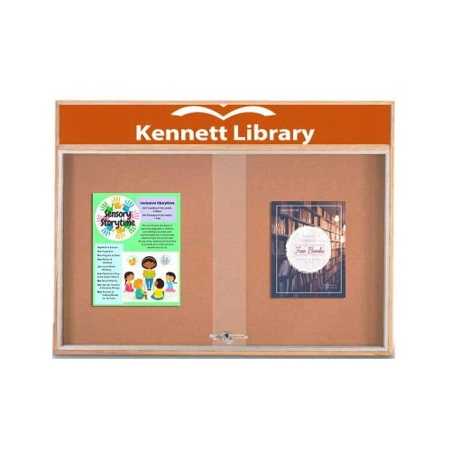 Indoor Enclosed Wood Bulletin Boards with Sliding Glass Doors and Header