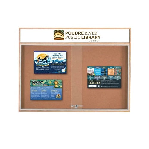 40x40 Indoor Enclosed Wood Enclosed Bulletin Boards with Sliding Glass Doors Header + Lights