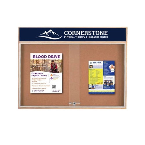 72x36 Indoor Enclosed Wood Enclosed Bulletin Boards with Sliding Glass Doors Header + Lights