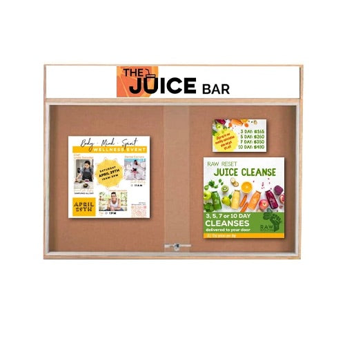 72x48 Indoor Enclosed Wood Enclosed Bulletin Boards with Sliding Glass Doors Header + Lights