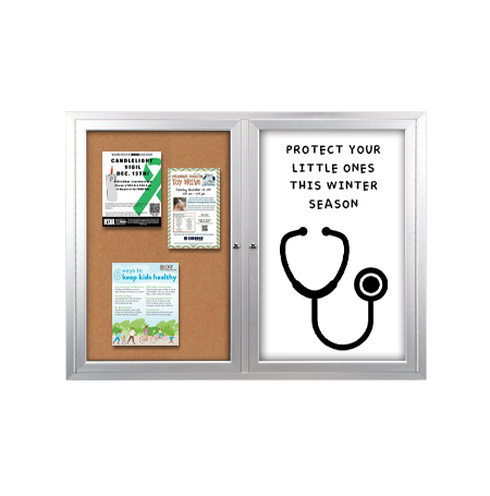 Enclosed 2-Door INDOOR Combo Board 60x40 | Cork Bulletin Board & Dry Erase Marker Board