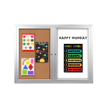 Enclosed 2-Door INDOOR Combo Board 84x24 | Cork Bulletin Board & Dry Erase Marker Board