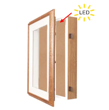 16 x 20 Oak Shadowbox SwingFrames with Cork Board and Interior Lighting (4" Deep)