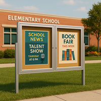 Freestanding 2 Door Enclosed Outdoor Bulletin Boards 60" x 40" with Lights + Posts