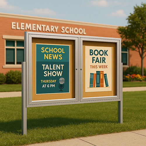 Freestanding 2 Door Enclosed Outdoor Bulletin Boards 60" x 40" with Lights + Posts